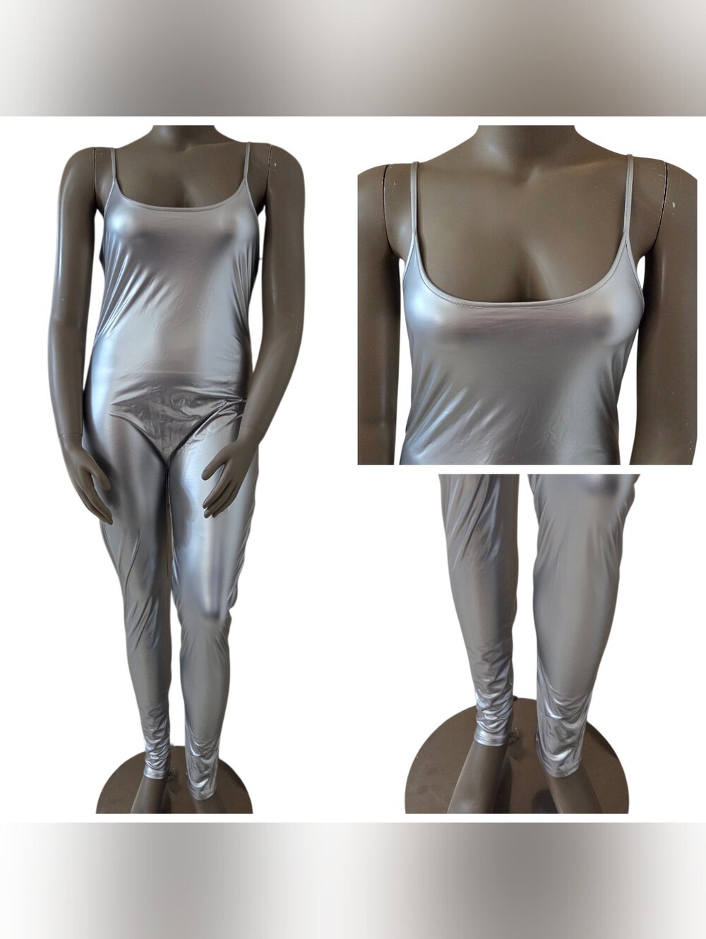 ROMA CONCEPT Metallic Patent Scoop Neck Spaghetti Strap Jumpsuit 2X Silver NWT